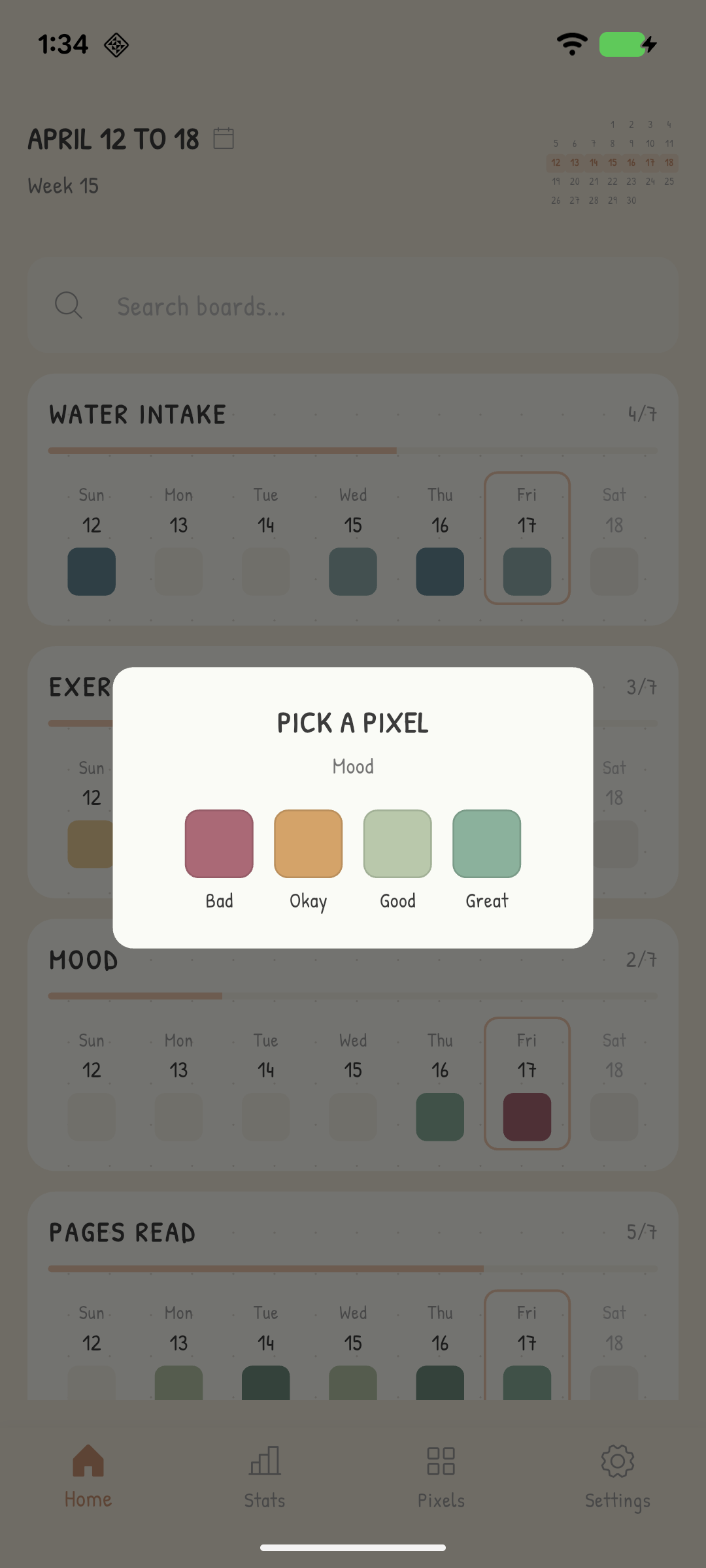 Pixelife tap to select screen